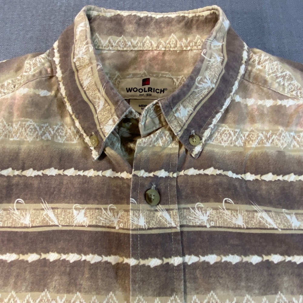 Woolrich Mens Fly Fishing Lure Stripe Button Down Shirt Brown Tan Medium - Picture 3 of 7